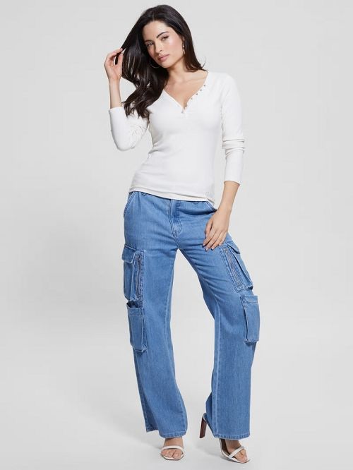 Guess Eco Kyla Rib Henley Tee Wit | GUESS-SN27511