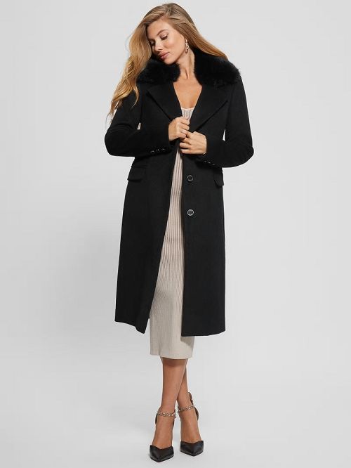 Guess Eco Laurence Faux-Fur Midi Coat Zwart | GUESS-SN27997
