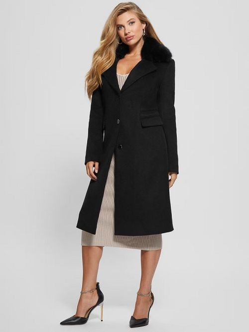 Guess Eco Laurence Faux-Fur Midi Coat Zwart | GUESS-SN27997
