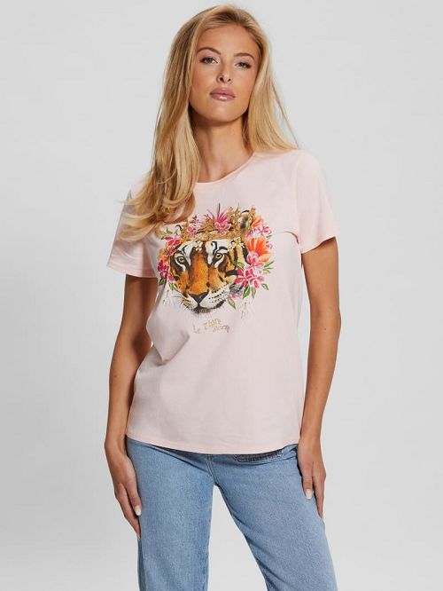 Guess Eco Le Tigre Easy Tee Roze | GUESS-SN27223