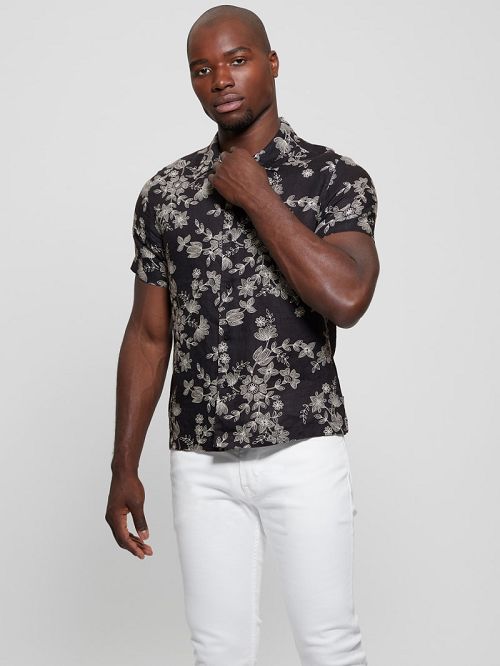 Guess Eco Linen Freehand Floral Shirt Zwart Wit | GUESS-SN31257