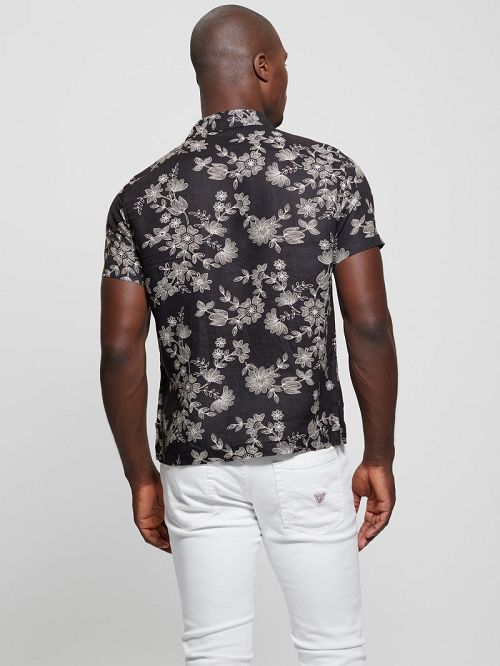 Guess Eco Linen Freehand Floral Shirt Zwart Wit | GUESS-SN31257