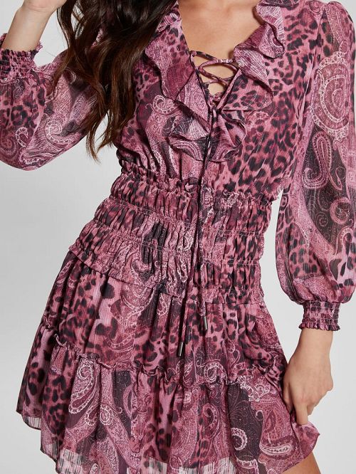 Guess Eco Lucy Lace-Up Flared Dress Paars | GUESS-SN26891