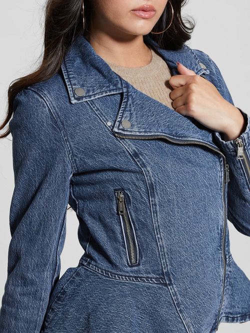 Guess Eco Mac Denim Peplum Moto Jacket Blauw | GUESS-SN26696