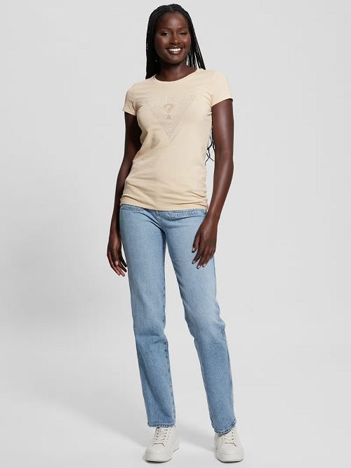 Guess Eco Maze Rhinestone Triangle Logo Tee Beige | GUESS-SN27615