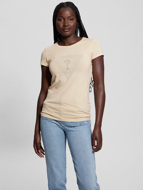 Guess Eco Maze Rhinestone Triangle Logo Tee Beige | GUESS-SN27615