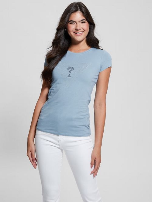 Guess Eco Maze Rhinestone Triangle Logo Tee Blauw | GUESS-SN27618
