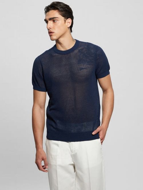 Guess Eco Mesh Lenny Crewneck Tee Blauw | GUESS-SN30627