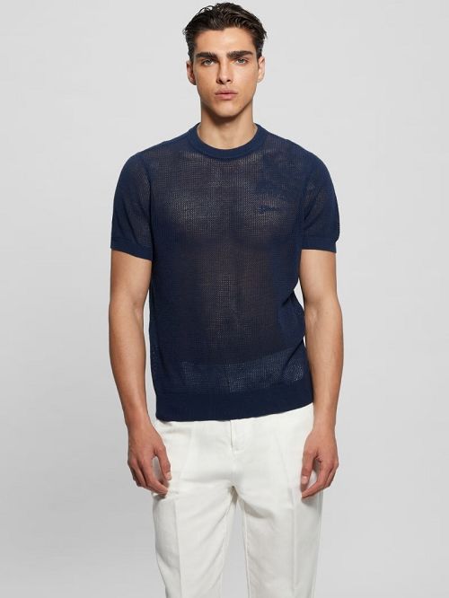 Guess Eco Mesh Lenny Crewneck Tee Blauw | GUESS-SN30627