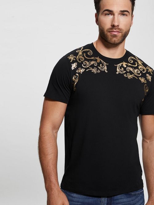 Guess Eco Metallic Baroque Tee Zwart | GUESS-SN30602