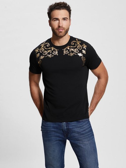 Guess Eco Metallic Baroque Tee Zwart | GUESS-SN30602