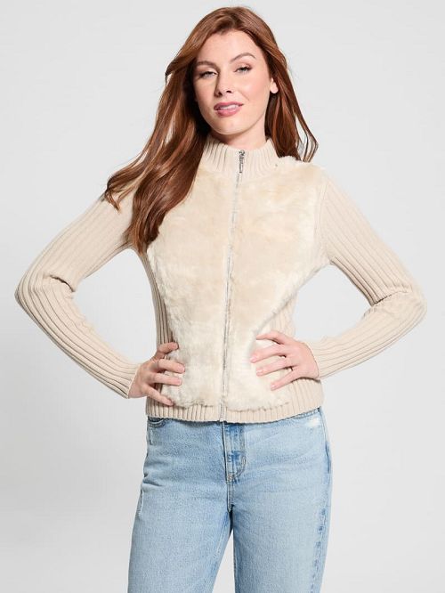 Guess Eco Mila Faux-Fur Zipped Cardigan Wit | GUESS-SN27828