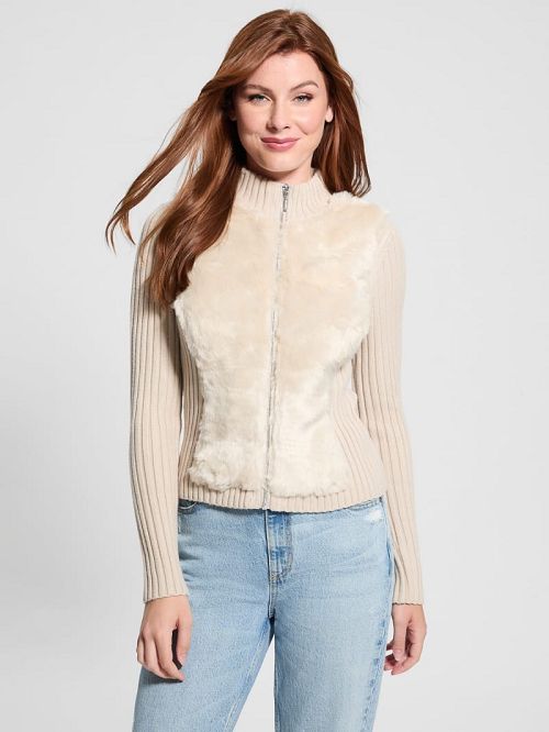 Guess Eco Mila Faux-Fur Zipped Cardigan Wit | GUESS-SN27828