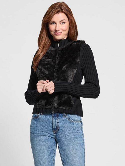 Guess Eco Mila Faux-Fur Zipped Cardigan Zwart | GUESS-SN27797