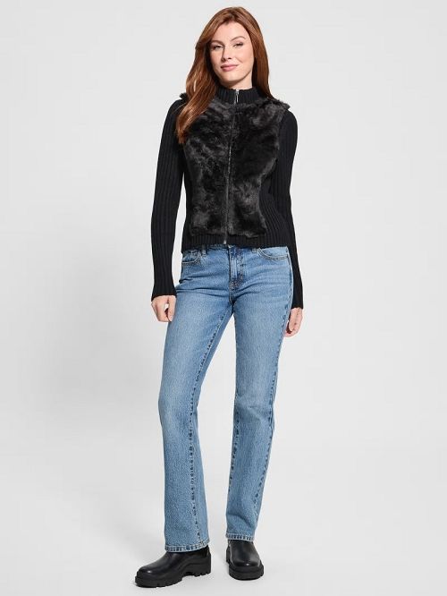 Guess Eco Mila Faux-Fur Zipped Cardigan Zwart | GUESS-SN27797