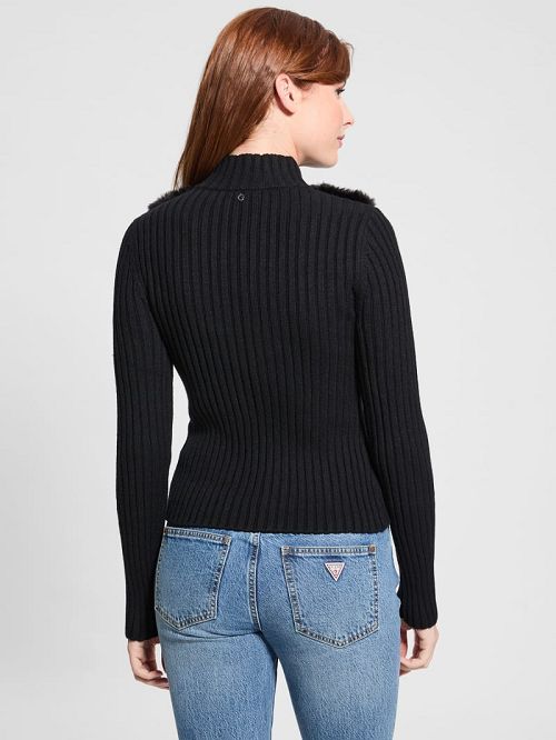 Guess Eco Mila Faux-Fur Zipped Cardigan Zwart | GUESS-SN27797