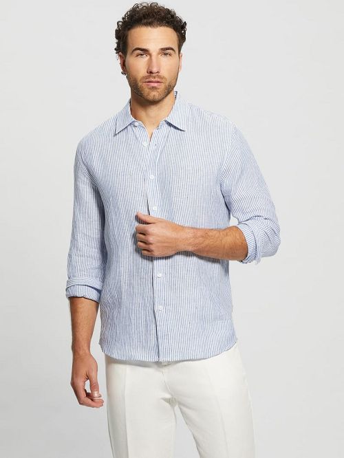 Guess Eco Nautical Striped Linen Shirt Blauw | GUESS-SN31102