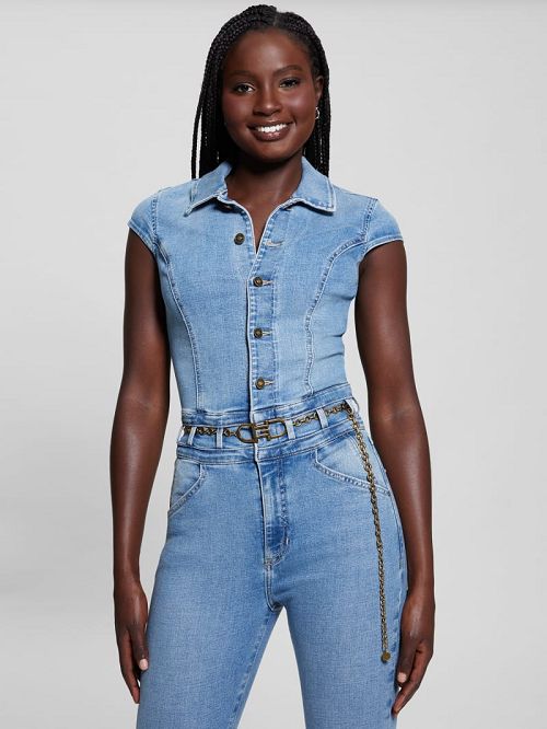 Guess Eco Nova Belted Denim Jumpsuit Blauw | GUESS-SN26690