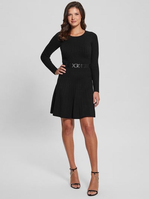 Guess Eco Paige Pleated Sweater Dress Zwart | GUESS-SN26904