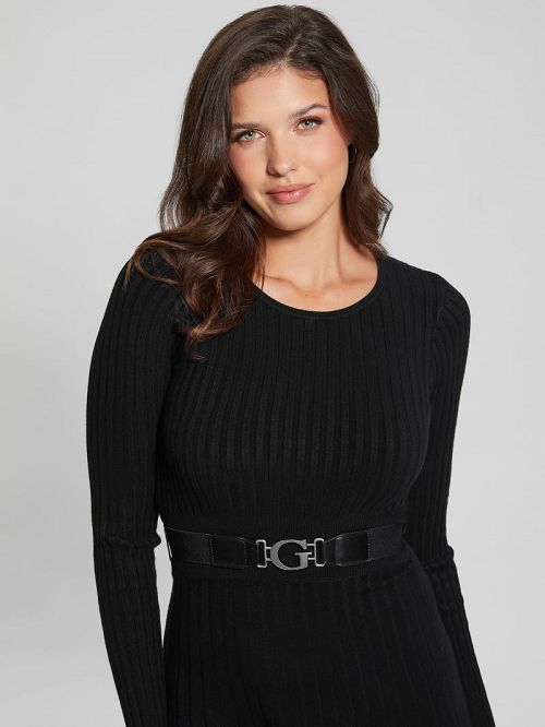 Guess Eco Paige Pleated Sweater Dress Zwart | GUESS-SN26904