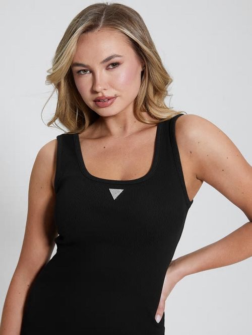 Guess Eco Ribbed Knit Logo Tank Dress Zwart | GUESS-SN26919