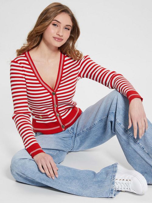 Guess Eco Stripe Ribbed Cardigan Rood | GUESS-SN27663