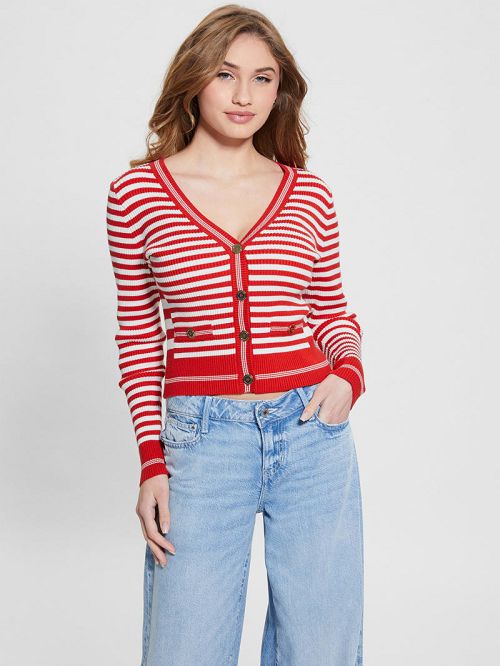 Guess Eco Stripe Ribbed Cardigan Rood | GUESS-SN27393