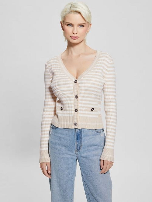 Guess Eco Stripe Ribbed Cardigan Wit | GUESS-SN27659