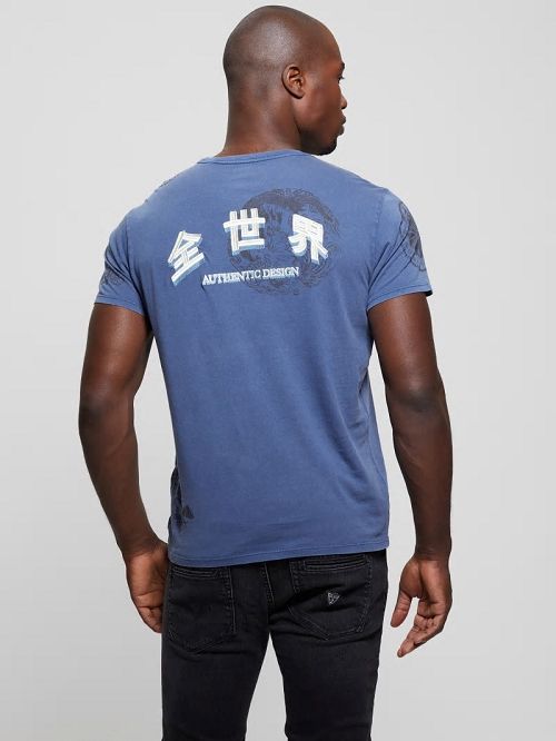 Guess Eco Tokyo Stamps Tee Blauw | GUESS-SN30472