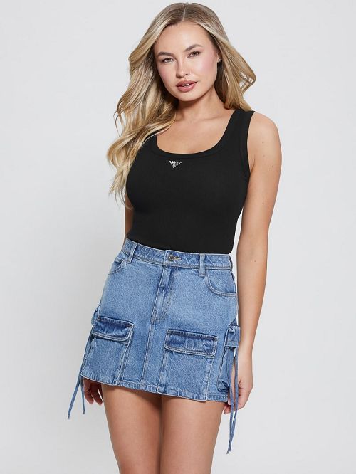 Guess Eco Triangle Bling Ribbed Tank Zwart | GUESS-SN27593