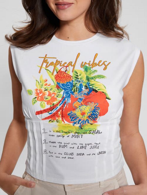 Guess Eco Tropical Vibes Corset Tee Wit | GUESS-SN27598