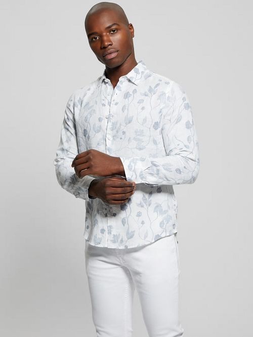 Guess Eco Watercolor Vines Linen Shirt Blauw | GUESS-SN31246