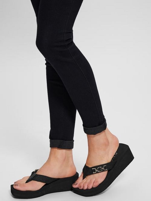 Guess Edany Denim G Buckle Wedge Sandals Zwart | GUESS-SN29712