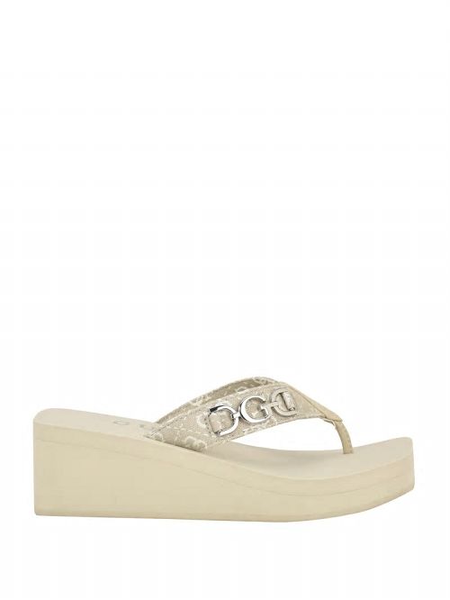 Guess Edany Denim G Buckle Wedge Sandals Beige | GUESS-SN29729
