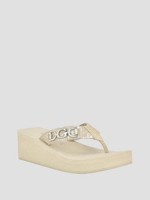 Guess Edany Denim G Buckle Wedge Sandals Beige | GUESS-SN29729