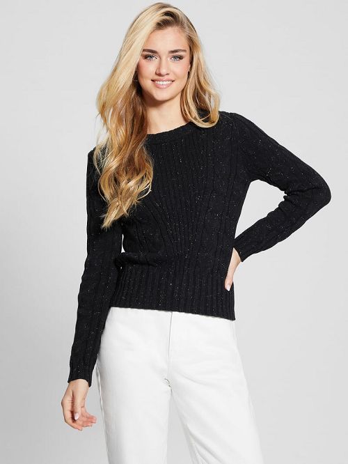 Guess Elle Cable Knit Sweater Zwart | GUESS-SN27783