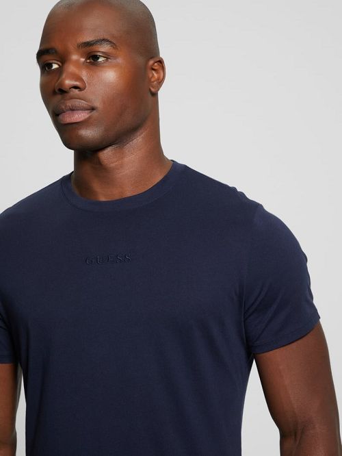Guess Embroidered Signature Tee Blauw | GUESS-SN30683