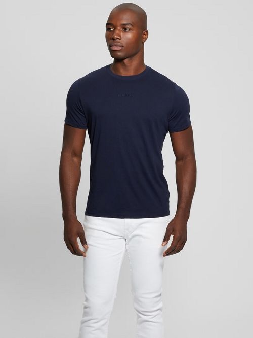 Guess Embroidered Signature Tee Blauw | GUESS-SN30683
