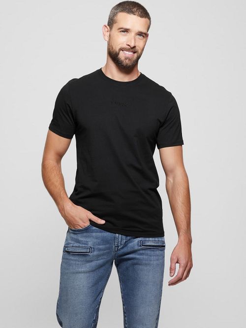 Guess Embroidered Signature Tee Zwart | GUESS-SN30703