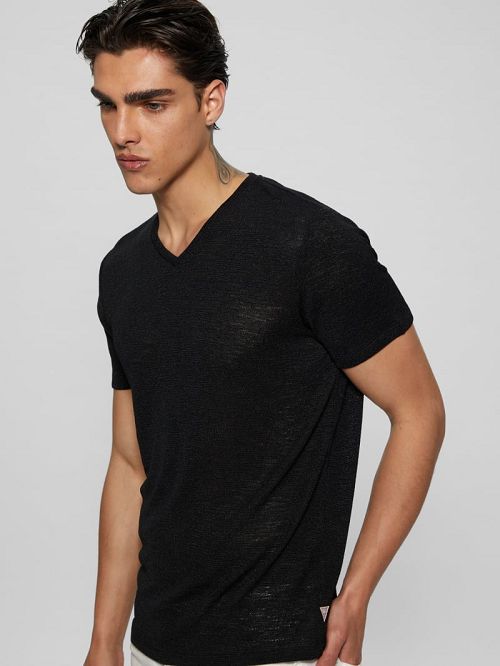 Guess Gauze V-Neck Tee Zwart | GUESS-SN30547