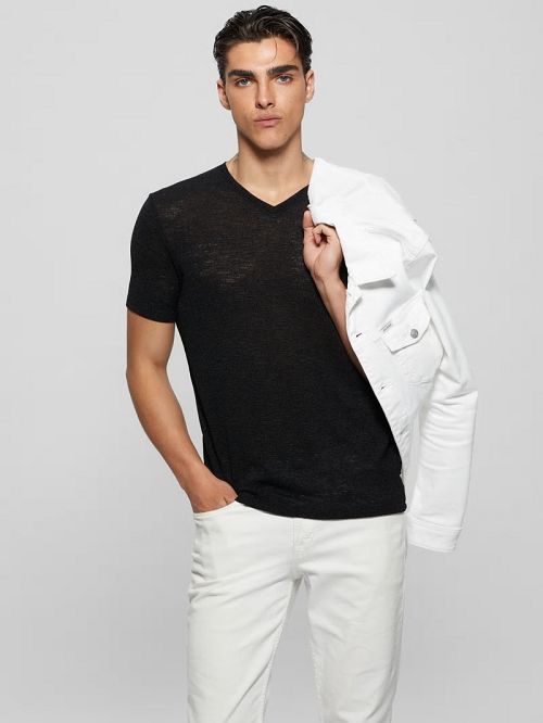 Guess Gauze V-Neck Tee Zwart | GUESS-SN30547