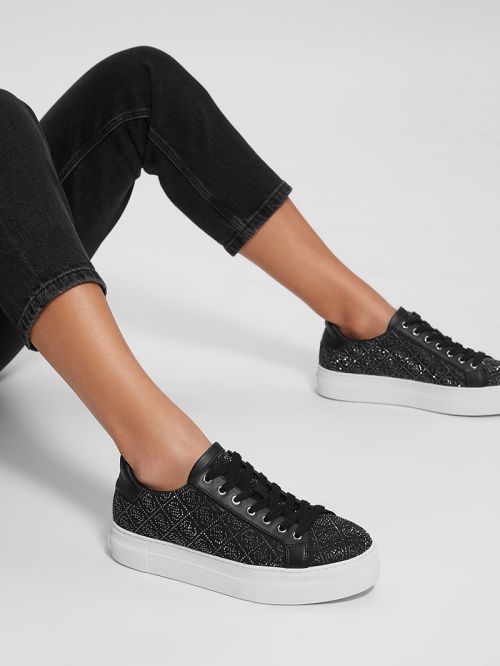 Guess Gelsen Rhinestone Logo Low-Top Sneakers Zwart | GUESS-SN29527