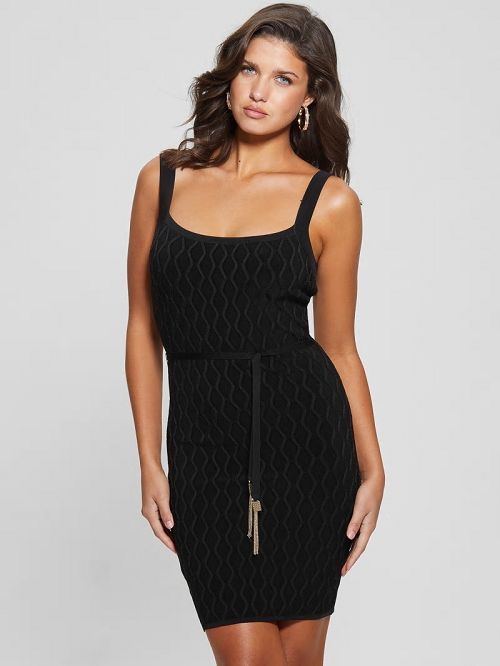 Guess Genna Diamond Knit Sweater Dress Zwart | GUESS-SN26870