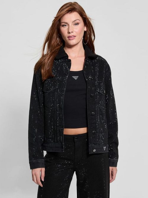 Guess Gilda Rhinestone Denim Jacket Zwart | GUESS-SN27931