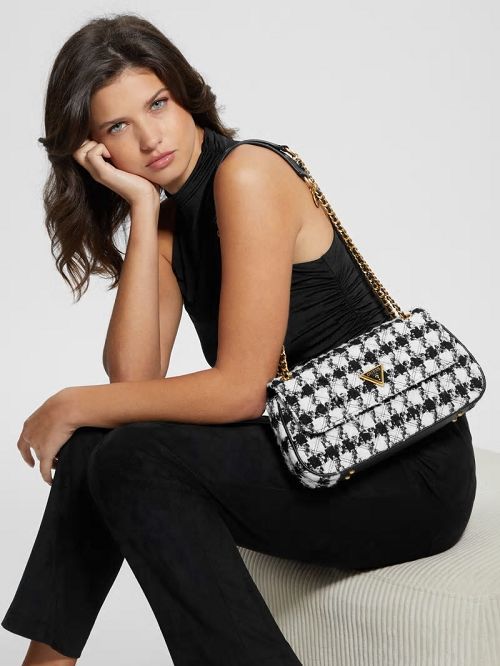 Guess Giully Tweed Convertible Crossbody Zwart | GUESS-SN28830