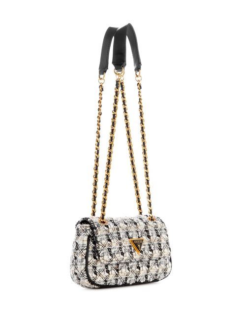Guess Giully Tweed Mini Convertible Crossbody Zwart Wit | GUESS-SN28828
