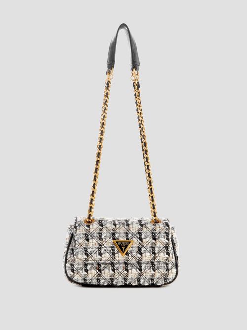 Guess Giully Tweed Mini Convertible Crossbody Zwart Wit | GUESS-SN28828