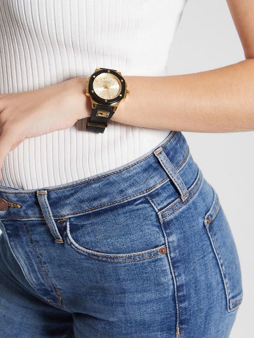 Guess Gold-Tone and Black Silicone Analog Watch Zwart | GUESS-SN30000