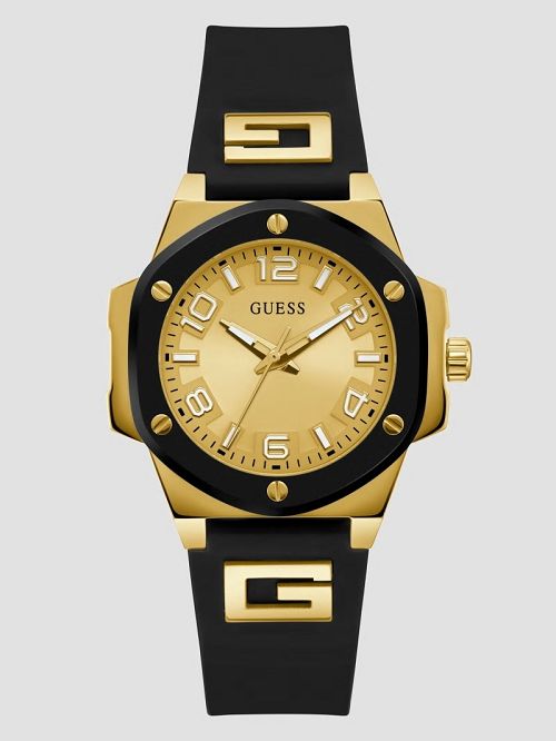 Guess Gold-Tone and Black Silicone Analog Watch Zwart | GUESS-SN30000