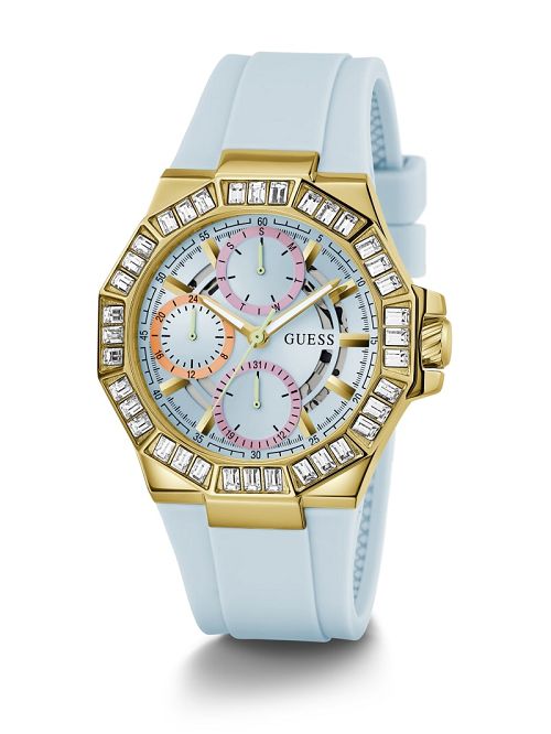 Guess Gold-Tone and Blue Silicone Multifunction Watch Blauw | GUESS-SN29996